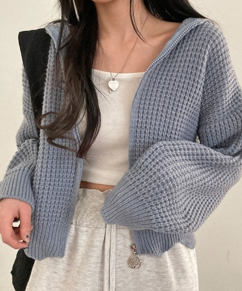 VIVID LADY(ビビッドレディー)の「ふわふわのワッフル編みニットパーカーカーディガン(カーディガン/ボレロ・レディース・スカイブルー/ブラウン/アイボリー/ピンク・FREE)」の14枚目の写真