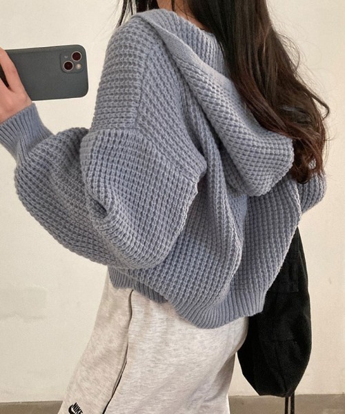 VIVID LADY(ビビッドレディー)の「ふわふわのワッフル編みニットパーカーカーディガン(カーディガン/ボレロ・レディース・スカイブルー/ブラウン/アイボリー/ピンク・FREE)」の15枚目の写真