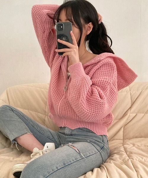 VIVID LADY(ビビッドレディー)の「ふわふわのワッフル編みニットパーカーカーディガン(カーディガン/ボレロ・レディース・スカイブルー/ブラウン/アイボリー/ピンク・FREE)」の17枚目の写真