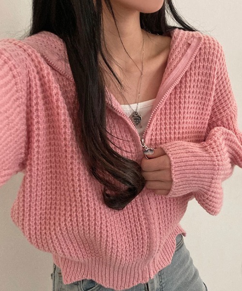 VIVID LADY(ビビッドレディー)の「ふわふわのワッフル編みニットパーカーカーディガン(カーディガン/ボレロ・レディース・スカイブルー/ブラウン/アイボリー/ピンク・FREE)」の18枚目の写真