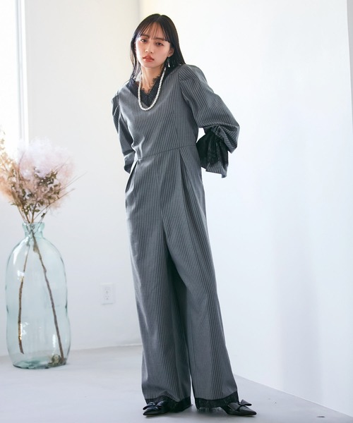 VIS（ビス）の「【VIS DRESS】ピンストライプレースオールインワン【洗える】（つなぎ/オールインワン・レディース・グレー/ブルー系その他・FREE）」の3枚目の写真