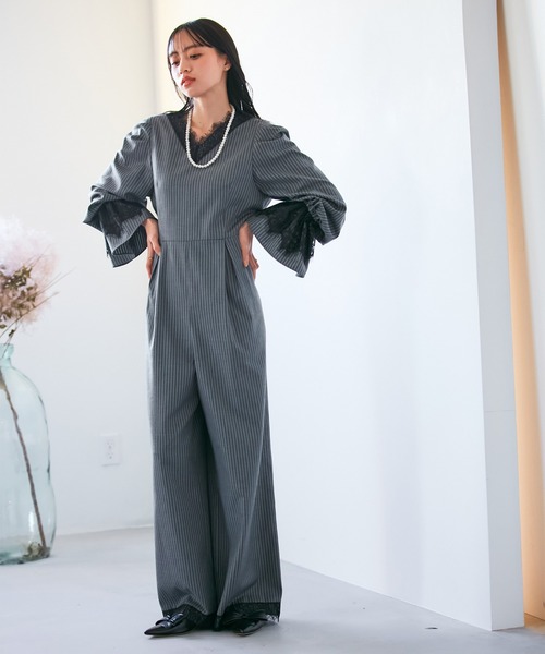 VIS（ビス）の「【VIS DRESS】ピンストライプレースオールインワン【洗える】（つなぎ/オールインワン・レディース・グレー/ブルー系その他・FREE）」の4枚目の写真