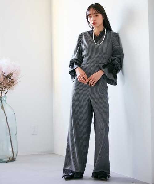 セール】【VIS DRESS】ピンストライプレースオールインワン【洗える