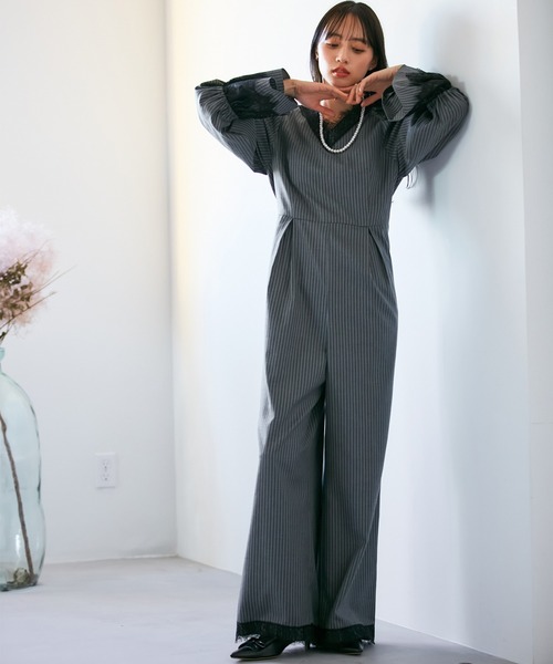 VIS（ビス）の「【VIS DRESS】ピンストライプレースオールインワン【洗える】（つなぎ/オールインワン・レディース・グレー/ブルー系その他・FREE）」の7枚目の写真