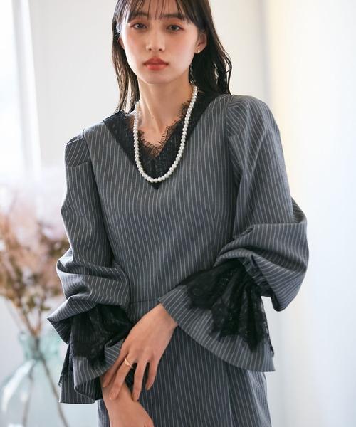 VIS（ビス）の「【VIS DRESS】ピンストライプレースオールインワン【洗える】（つなぎ/オールインワン・レディース・グレー/ブルー系その他・FREE）」の8枚目の写真