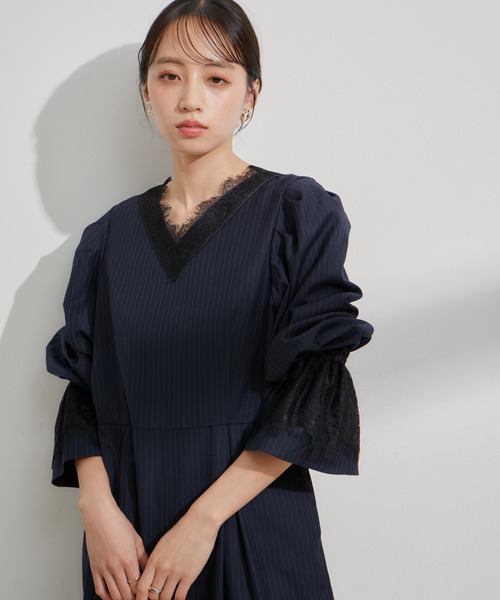 セール】【VIS DRESS】ピンストライプレースオールインワン【洗える