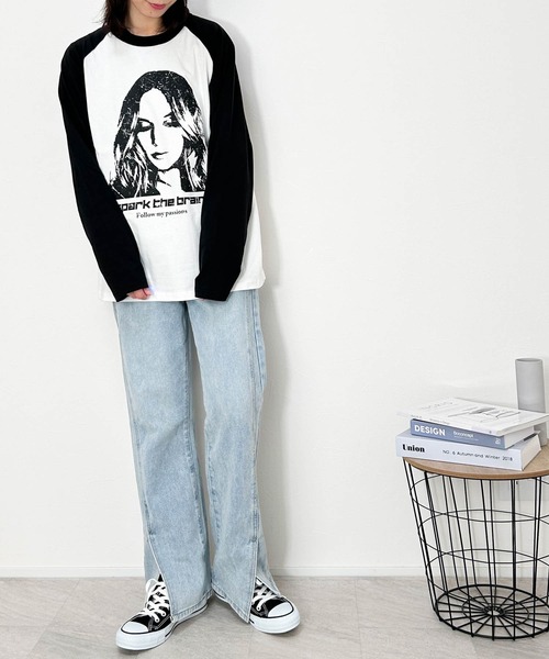 Ritzy(リッツィー)の「16/天竺ラグラン 切り替えプリント Tシャツ(WOMAN) レディース メンズ(Tシャツ/カットソー・メンズ・アッシュ/ホワイト/ベージュ・X-LARGE/LARGE/MEDIUM)」の8枚目の写真