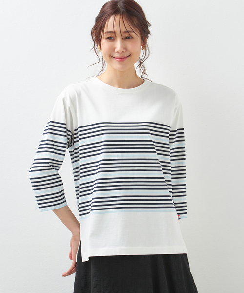 Petit Honfleur（プチオンフルール）の「【UVカット・接触冷感】オーガニックコットンパネルボーダーTシャツ（Tシャツ/カットソー・レディース・ネイビー/グリーン/アイボリー・M/L）」の2枚目の写真