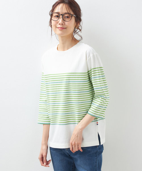 Petit Honfleur（プチオンフルール）の「【UVカット・接触冷感】オーガニックコットンパネルボーダーTシャツ（Tシャツ/カットソー・レディース・ネイビー/グリーン/アイボリー・M/L）」の4枚目の写真