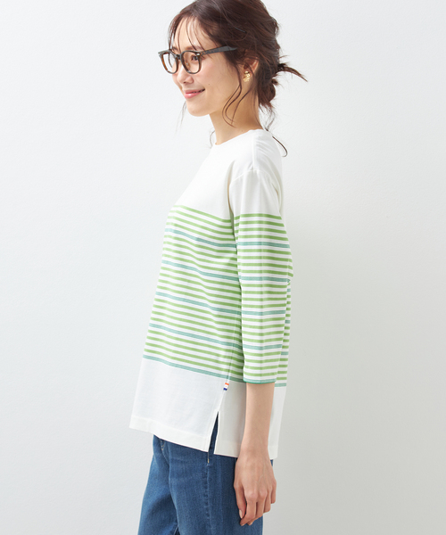 Petit Honfleur（プチオンフルール）の「【UVカット・接触冷感】オーガニックコットンパネルボーダーTシャツ（Tシャツ/カットソー・レディース・ネイビー/グリーン/アイボリー・M/L）」の5枚目の写真