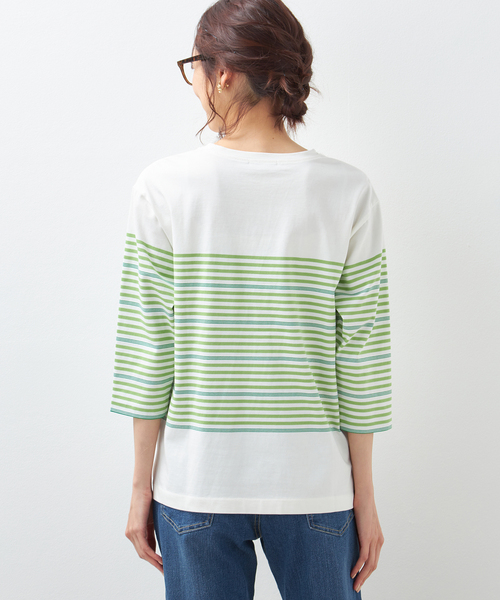 Petit Honfleur（プチオンフルール）の「【UVカット・接触冷感】オーガニックコットンパネルボーダーTシャツ（Tシャツ/カットソー・レディース・ネイビー/グリーン/アイボリー・M/L）」の6枚目の写真