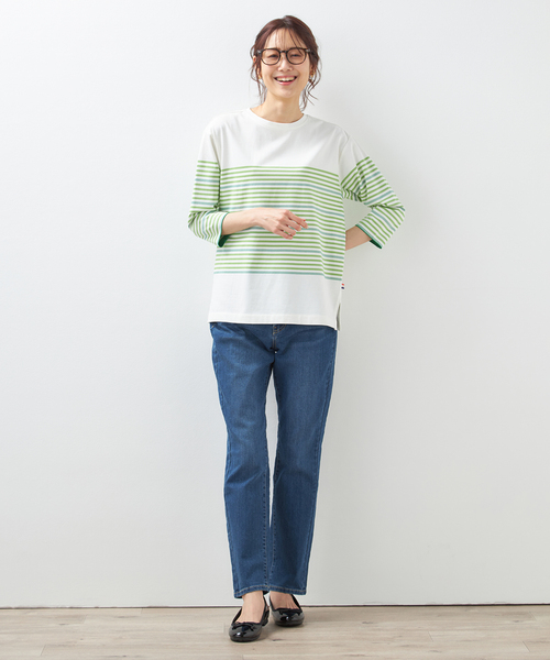Petit Honfleur（プチオンフルール）の「【UVカット・接触冷感】オーガニックコットンパネルボーダーTシャツ（Tシャツ/カットソー・レディース・ネイビー/グリーン/アイボリー・M/L）」の13枚目の写真