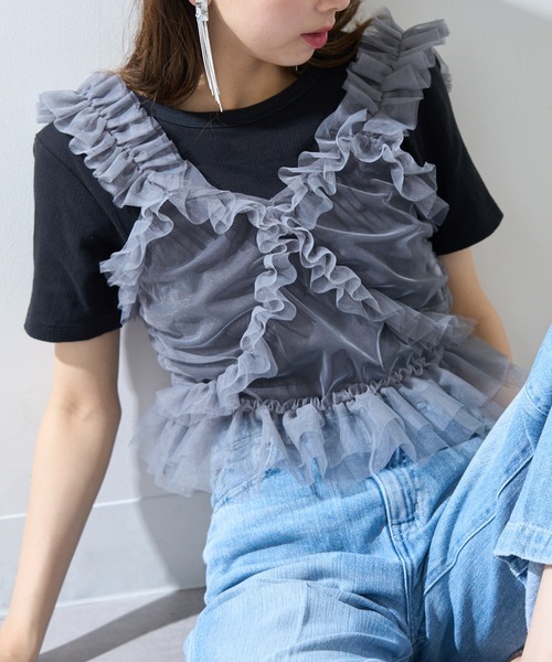 MAISON BREEZE reveur（メゾンブリーズレヴール）の「【MAISON BREEZE reveur】チュールフリルビスチェ（キャミソール・レディース・オフホワイト/ブラック/グレー・FREE）」の3枚目の写真