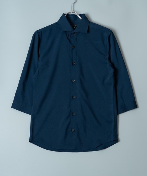 日本製 接触冷感 リサイクル ポリエステル ホリゾンタル カラー 七分袖 シャツ(GW)