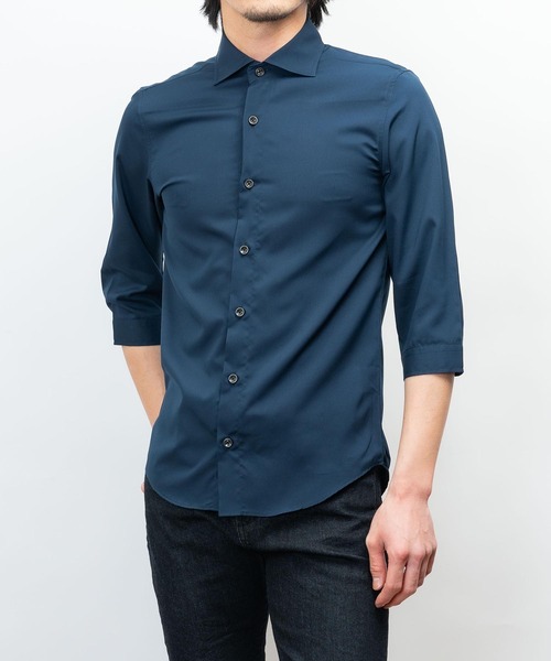 日本製 接触冷感 リサイクル ポリエステル ホリゾンタル カラー 七分袖 シャツ(GW)