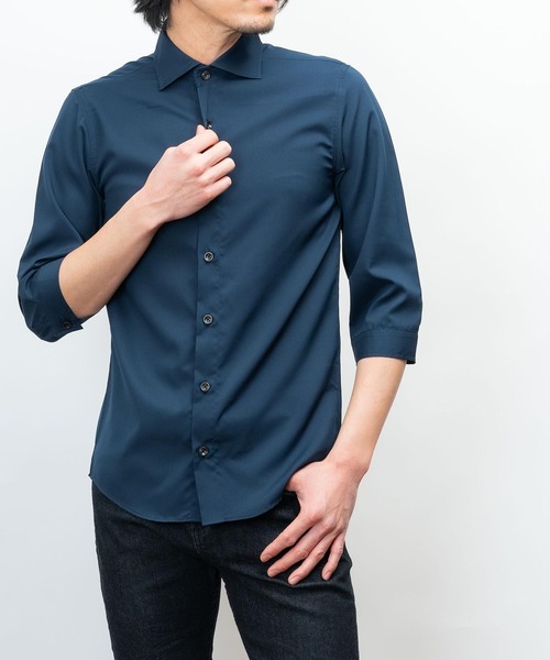 日本製 接触冷感 リサイクル ポリエステル ホリゾンタル カラー 七分袖 シャツ(GW)