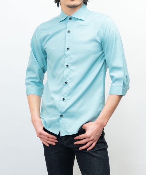 日本製 接触冷感 リサイクル ポリエステル ホリゾンタル カラー 七分袖 シャツ(GW)