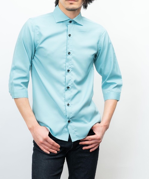 日本製 接触冷感 リサイクル ポリエステル ホリゾンタル カラー 七分袖 シャツ(GW)