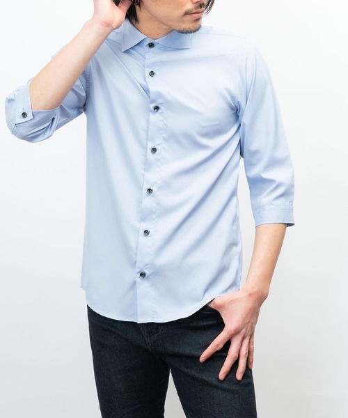 日本製 接触冷感 リサイクル ポリエステル ホリゾンタル カラー 七分袖 シャツ(GW)