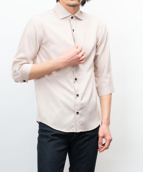 日本製 接触冷感 リサイクル ポリエステル ホリゾンタル カラー 七分袖 シャツ(GW)