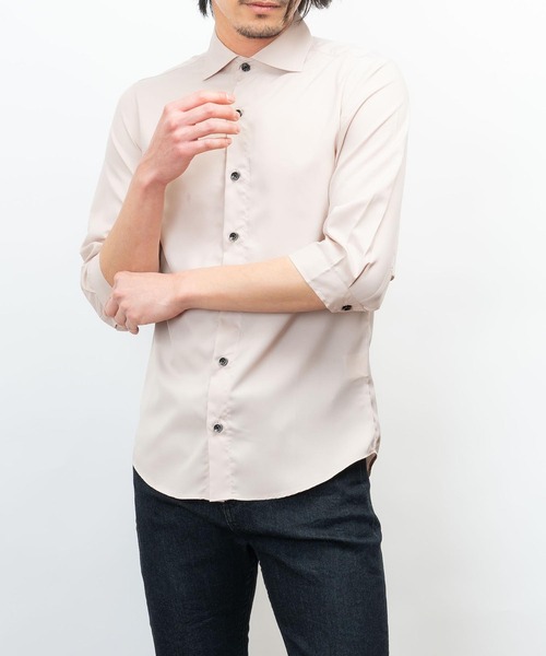 日本製 接触冷感 リサイクル ポリエステル ホリゾンタル カラー 七分袖 シャツ(GW)