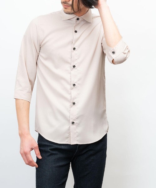 日本製 接触冷感 リサイクル ポリエステル ホリゾンタル カラー 七分袖 シャツ(GW)