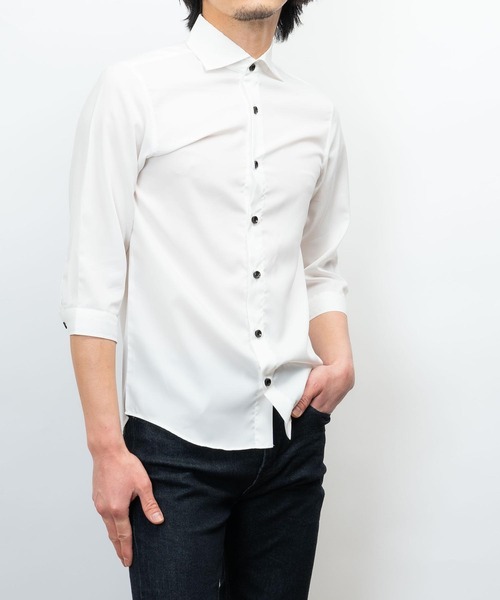 日本製 接触冷感 リサイクル ポリエステル ホリゾンタル カラー 七分袖 シャツ(GW)