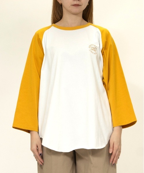 UNIVERSAL OVERALL（ユニバーサルオーバーオール）の「ラグランスリーブ / RAGLAN SLEEVE TEE（Tシャツ/カットソー・レディース・ブラウン系その他3/ホワイト×イエロー・L/M/S）」の8枚目の写真