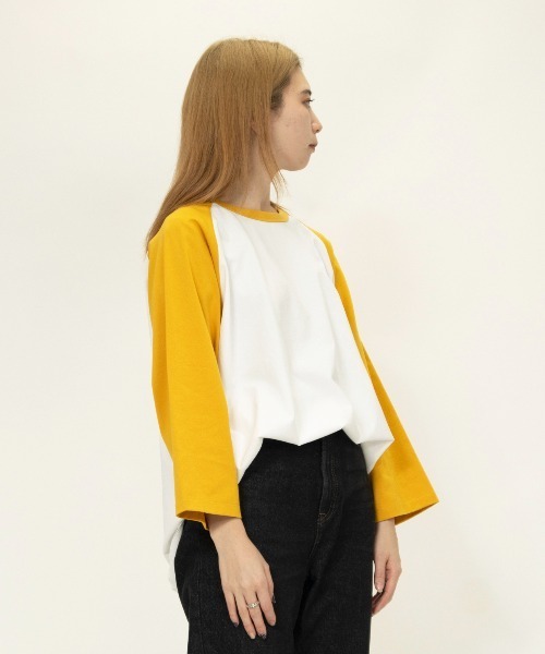 UNIVERSAL OVERALL（ユニバーサルオーバーオール）の「ラグランスリーブ / RAGLAN SLEEVE TEE（Tシャツ/カットソー・レディース・ブラウン系その他3/ホワイト×イエロー・L/M/S）」の3枚目の写真