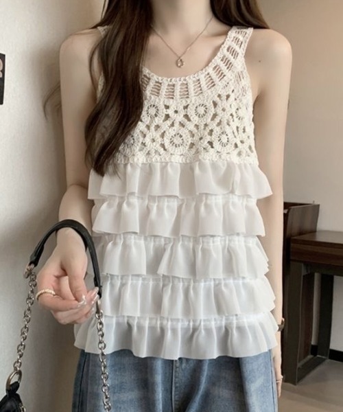 美品　M'S GRACY フリル　ベスト　ダウン　ニット　アルパカ　ノーカラー マシュマロニットミラノリブバックスリットベスト＜大きいサイズ