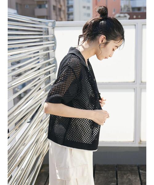 CRAFT STANDARD BOUTIQUE（クラフトスタンダードブティック）の「配色メッシュニットカーディガン（カーディガン/ボレロ・レディース・アイボリー/ブラック/グレイッシュブルー・FREE）」の7枚目の写真