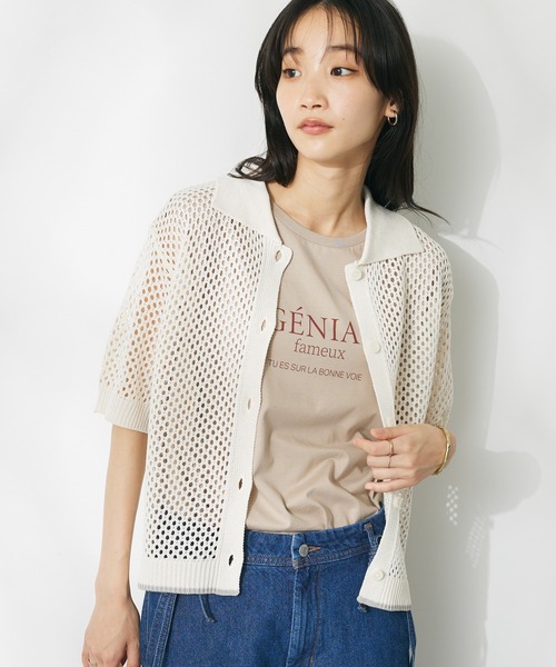 CRAFT STANDARD BOUTIQUE（クラフトスタンダードブティック）の「配色メッシュニットカーディガン（カーディガン/ボレロ・レディース・アイボリー/ブラック/グレイッシュブルー・FREE）」の2枚目の写真