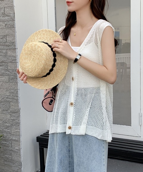 Teem Store(チームストア)の「メッシュニット 透かし編み ボタンベスト(ベスト・レディース・ベージュ/ホワイト・F)」の9枚目の写真