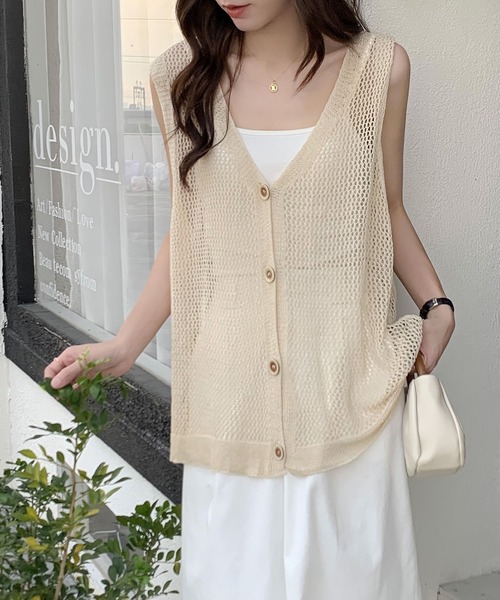 Teem Store(チームストア)の「メッシュニット 透かし編み ボタンベスト(ベスト・レディース・ベージュ/ホワイト・F)」の8枚目の写真
