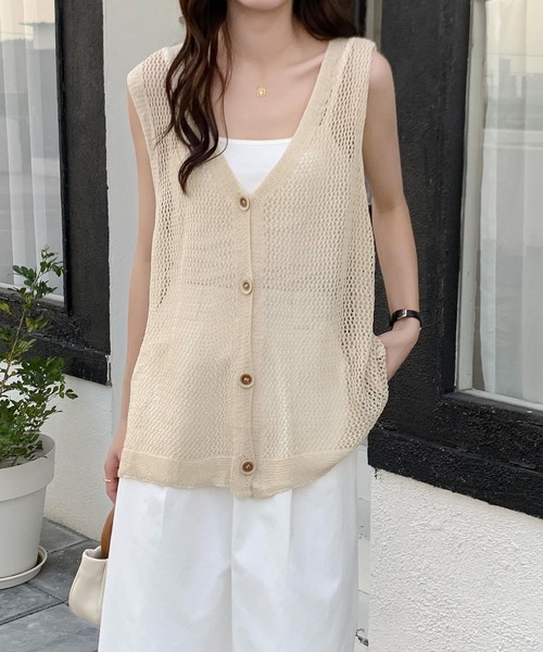 Teem Store(チームストア)の「メッシュニット 透かし編み ボタンベスト(ベスト・レディース・ベージュ/ホワイト・F)」の7枚目の写真