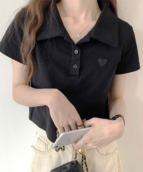 襟付きハート刺繍クロップドTシャツ（Tシャツ/カットソー