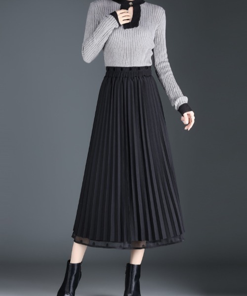deux amour(ドゥーザムール)の「リバーシブルチュールプリーツ水玉柄スカート(スカート・レディース・ブラック/ブラウン・FREE)」の4枚目の写真