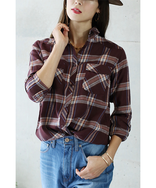 AZUL by moussy（アズールバイマウジー）の「起毛チェックヨーク切替長袖シャツ（シャツ/ブラウス・レディース・ダークネイビー/レッド/グレー系その他/レッド系その他・SMALL/LARGE/X-LARGE/MEDIUM）」の4枚目の写真