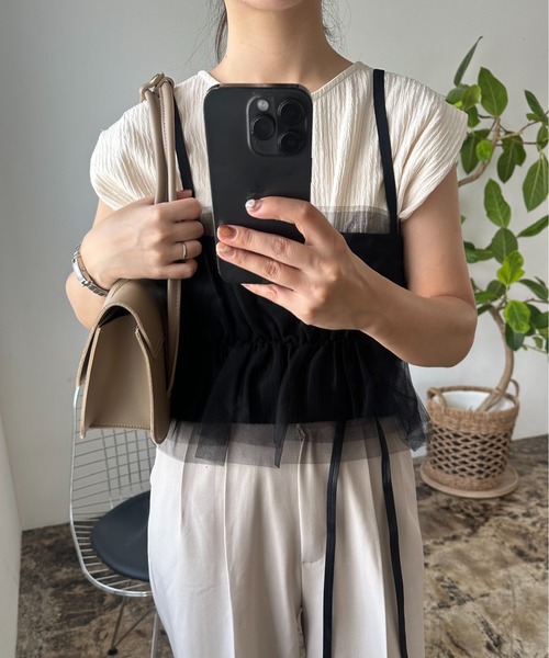 Amiur（エミレ）の「rib tulle docking bustier / リブチュールドッキングビスチェ（キャミソール・レディース・アイボリー/ブラック/グレー・FREE）」の8枚目の写真