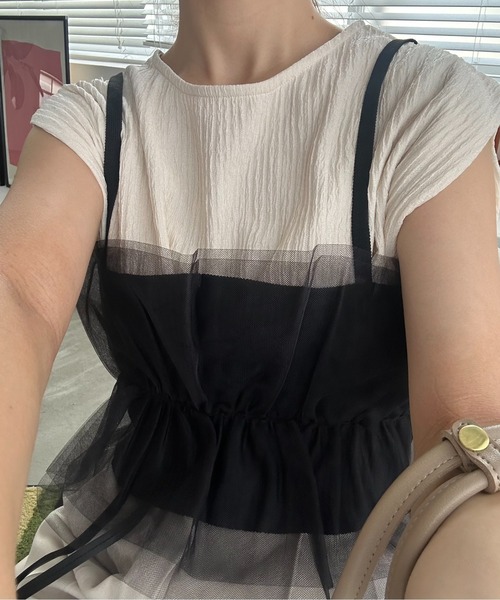 Amiur（エミレ）の「rib tulle docking bustier / リブチュールドッキングビスチェ（キャミソール・レディース・アイボリー/ブラック/グレー・FREE）」の4枚目の写真