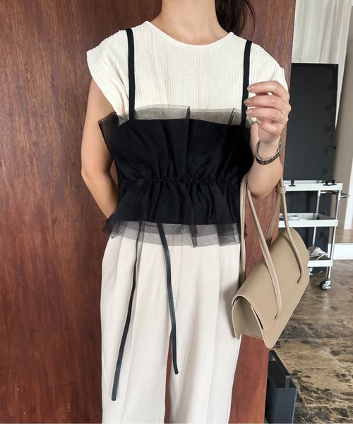 Amiur（エミレ）の「rib tulle docking bustier / リブチュールドッキングビスチェ（キャミソール・レディース・アイボリー/ブラック/グレー・FREE）」の7枚目の写真