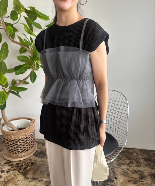 Amiur（エミレ）の「rib tulle docking bustier / リブチュールドッキングビスチェ（キャミソール・レディース・アイボリー/ブラック/グレー・FREE）」の12枚目の写真