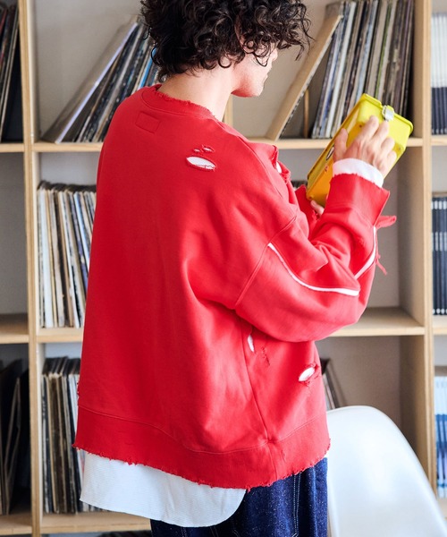 ADAM PATEK（アダムパテック）の「msw1546-damage layered pullover プルオーバー（スウェット・メンズ・レッド/アイボリー/スミクロ/ブラック・2/1）」の4枚目の写真
