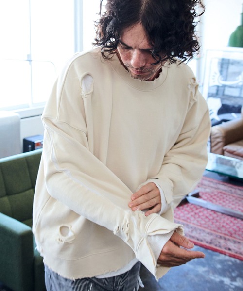 ADAM PATEK（アダムパテック）の「msw1546-damage layered pullover プルオーバー（スウェット・メンズ・レッド/アイボリー/スミクロ/ブラック・2/1）」の2枚目の写真