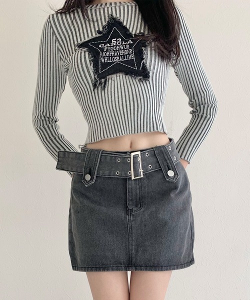 lilful(リルフル)の「ワイドベルト デニム ミニスカート インパン付き(デニムスカート・レディース・グレー・M/L)」の9枚目の写真