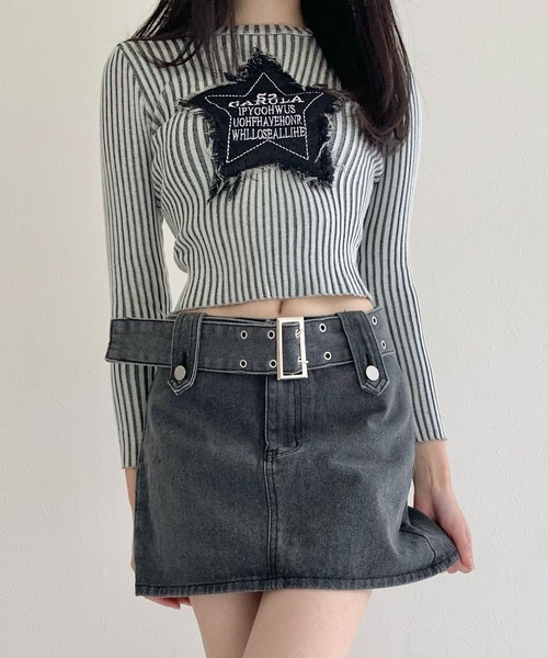 lilful(リルフル)の「ワイドベルト デニム ミニスカート インパン付き(デニムスカート・レディース・グレー・M/L)」の10枚目の写真