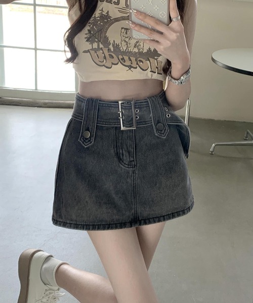 lilful(リルフル)の「ワイドベルト デニム ミニスカート インパン付き(デニムスカート・レディース・グレー・M/L)」の12枚目の写真