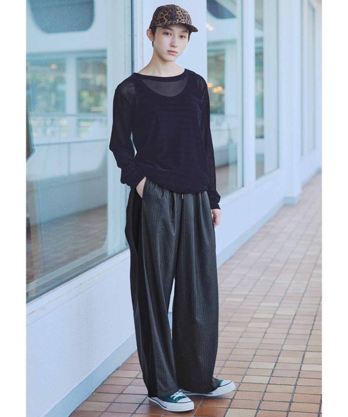 MEDE19F ストライプサイドラインパンツ〈グレー〉（スラックス