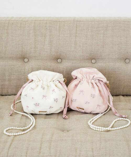 セール】ローズリボン刺繍巾着ショルダーバッグ（ショルダー