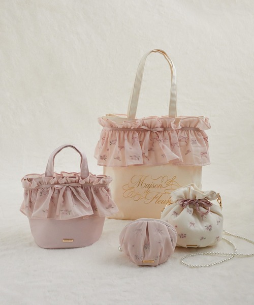 お出かけバック　リネン✖️刺繍リボン 2WAY Drawstring Leather Shoulder Bag With Drawstring Charm